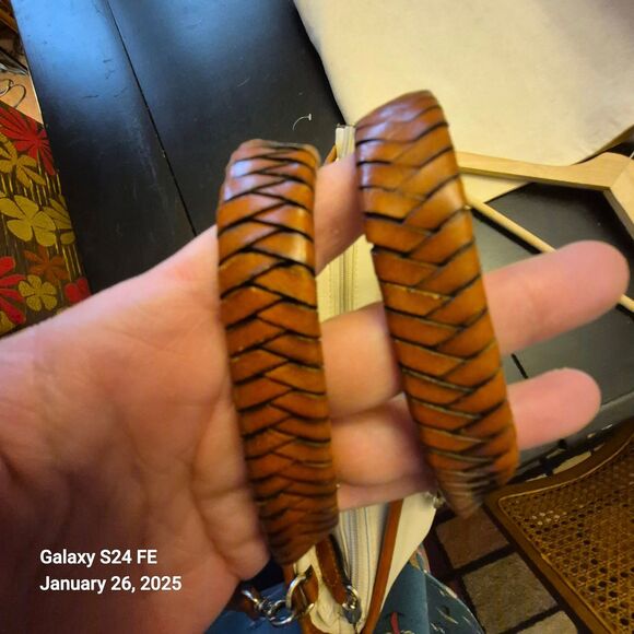 Vintage Fossil Purse Ivory Pebbled Leather Woven Handles Strap Western READ - Picture 7 of 9